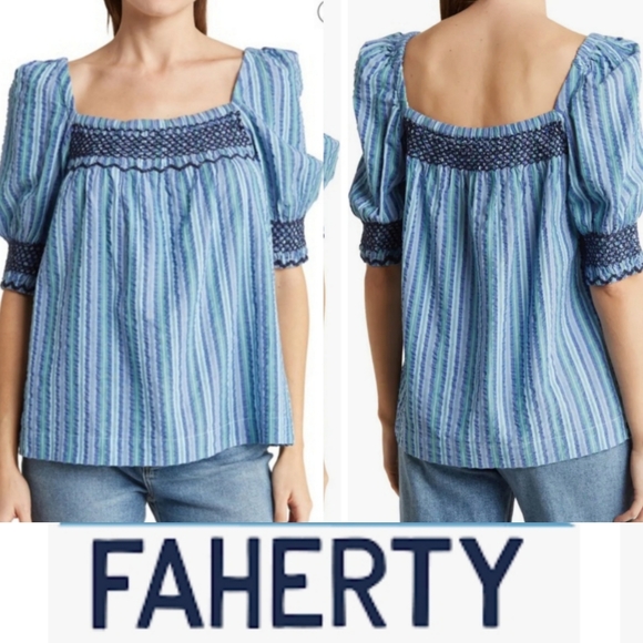 Faherty Presley Top Blue Coast Stripe Babydoll Square Neck Boho Smocked Organic - Picture 2 of 14